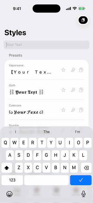 Typelace in action: typing Ava Monroe updates every style live, then Gothic gets a moon wrap and is copied.